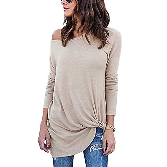 Tops - Casual Tan off Shoulder Long Sleeve Top